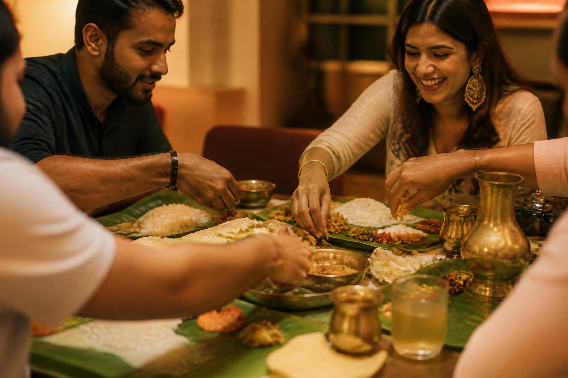 Friends sharing a Kerala feast on banana leaves in a warmly lit restaurant
