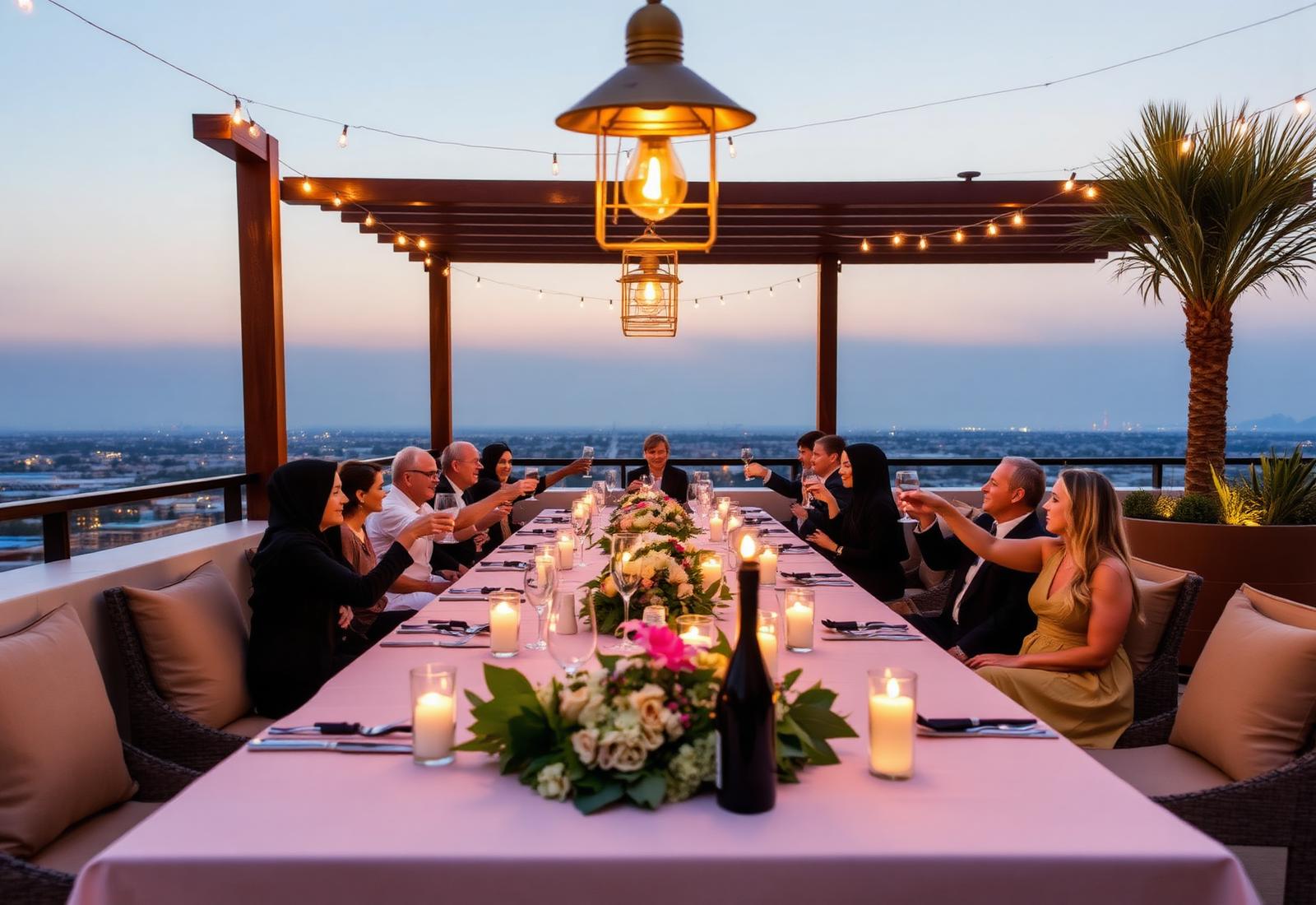 Members gathered around a candlelit terrace table at dusk